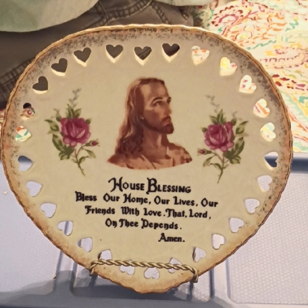 Vintage Decorative Plate with Heart Cutouts and Religious Motif Made In Japan